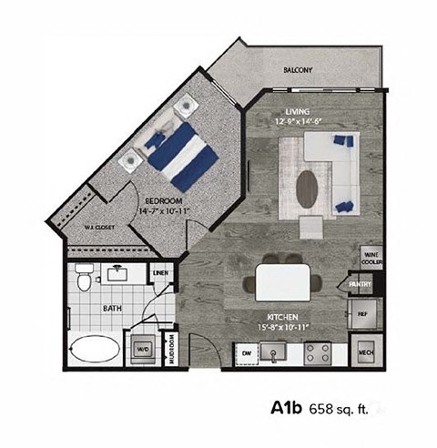 Floor plan for 1 bed, 1 bath, 658 sqft